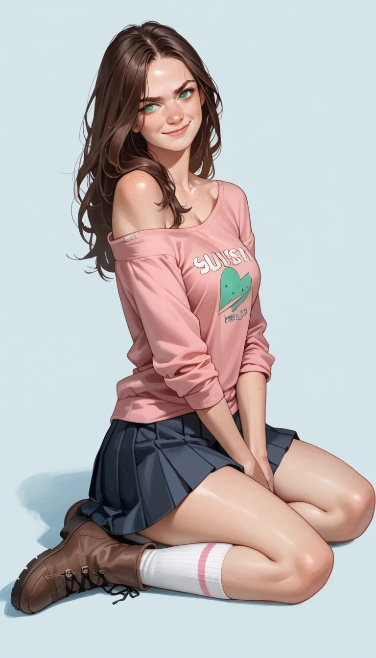 Cartoon of a girl, sexy, slutty, seductive, brown hair, long hair, green eyes, closed mouth, smirk, freckles, perfect face, pink off-shoulder shirt, pleated skirt, socks, boots, medium breast, focus on face, simple background
