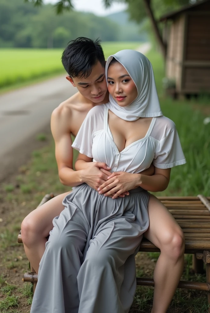 Nude Malay woman with hijab,arousal expression,a man behind her,some man holding her butt from older man leaning against her from behind picking her up, varied poses,,