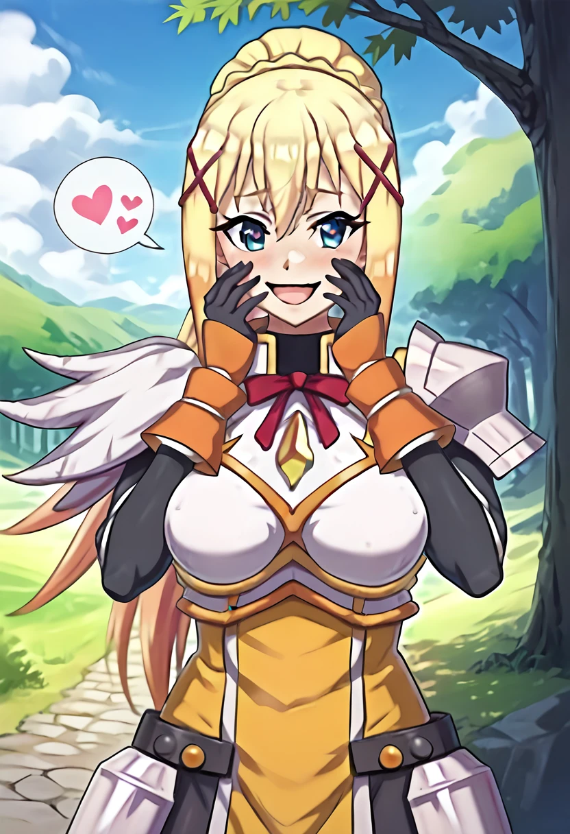 (masterpiece), (Best quality), (Very detailed), (high resolution), (8Khighres), (cel anime), (detailed beautiful face and eyes), (textile shading), (cowboy shot), (forest), 1girl, darkness /(konosuba/), long hair, green eyes, blonde hair, x hair ornament, ponytail, braid, gloves, armor, bodysuit, shoulder armor, armored dress, beautiful breasts, happy, smile, hands on own face, spoken heart, heart shaped pupils,,