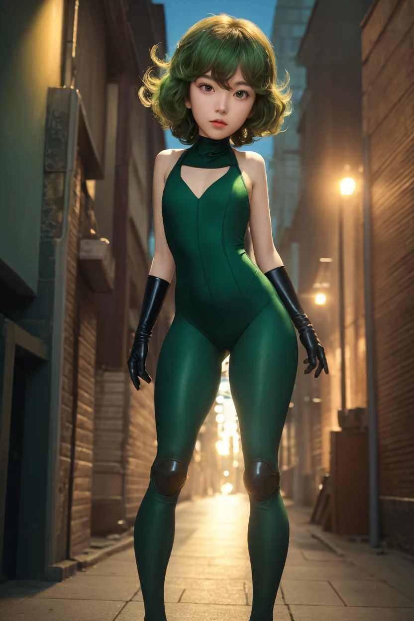 1 girl, short hair, green goblin girl, green skin, small pointy ears, rainbow hair, cheongsam, cutout, smiling, sandals, full body, walking in tokyo, dynamic pose, outdoors, in toyko, city, dusk, dynamic lighting, tokyo background
