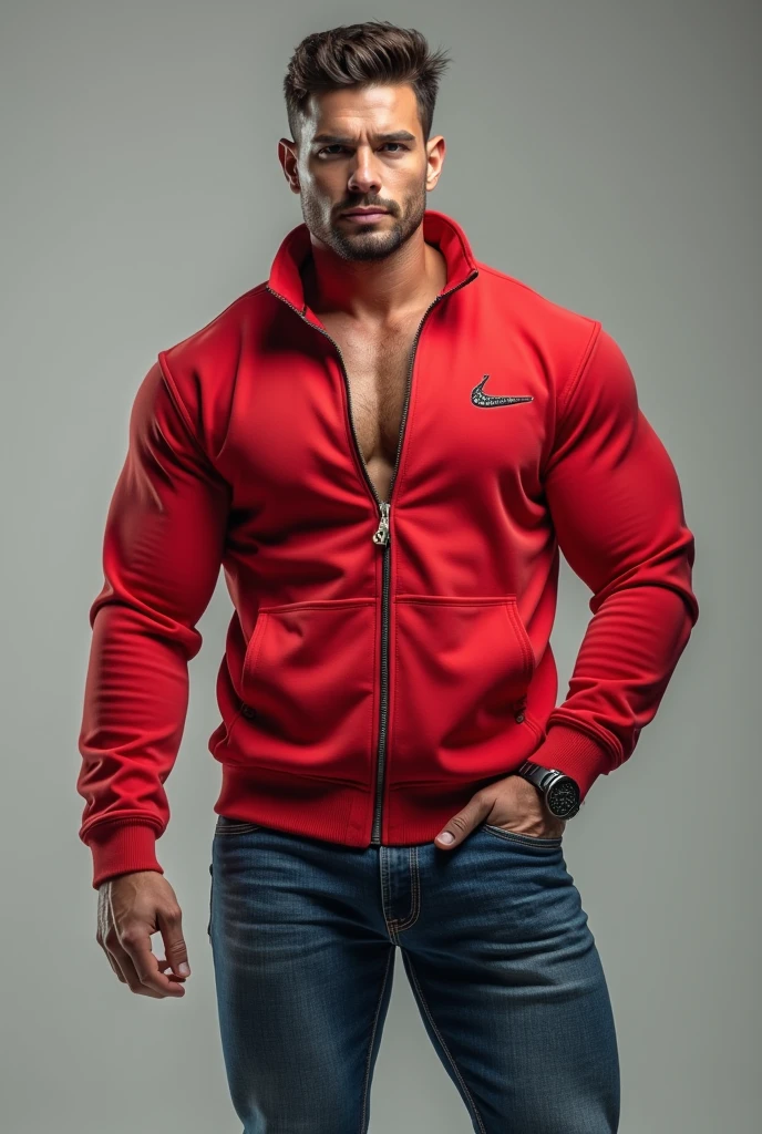 a korean man, male focus, solo, jacket, chest, navel, muscular, black undercut hair, black trousers, open jacket, nipples, muscle man, abs, open clothes, short hair, belt, embers, closed mouth , bare pectorals, gray jacket, looking at viewer, big , black belt, realistic, black jacket, gray pants