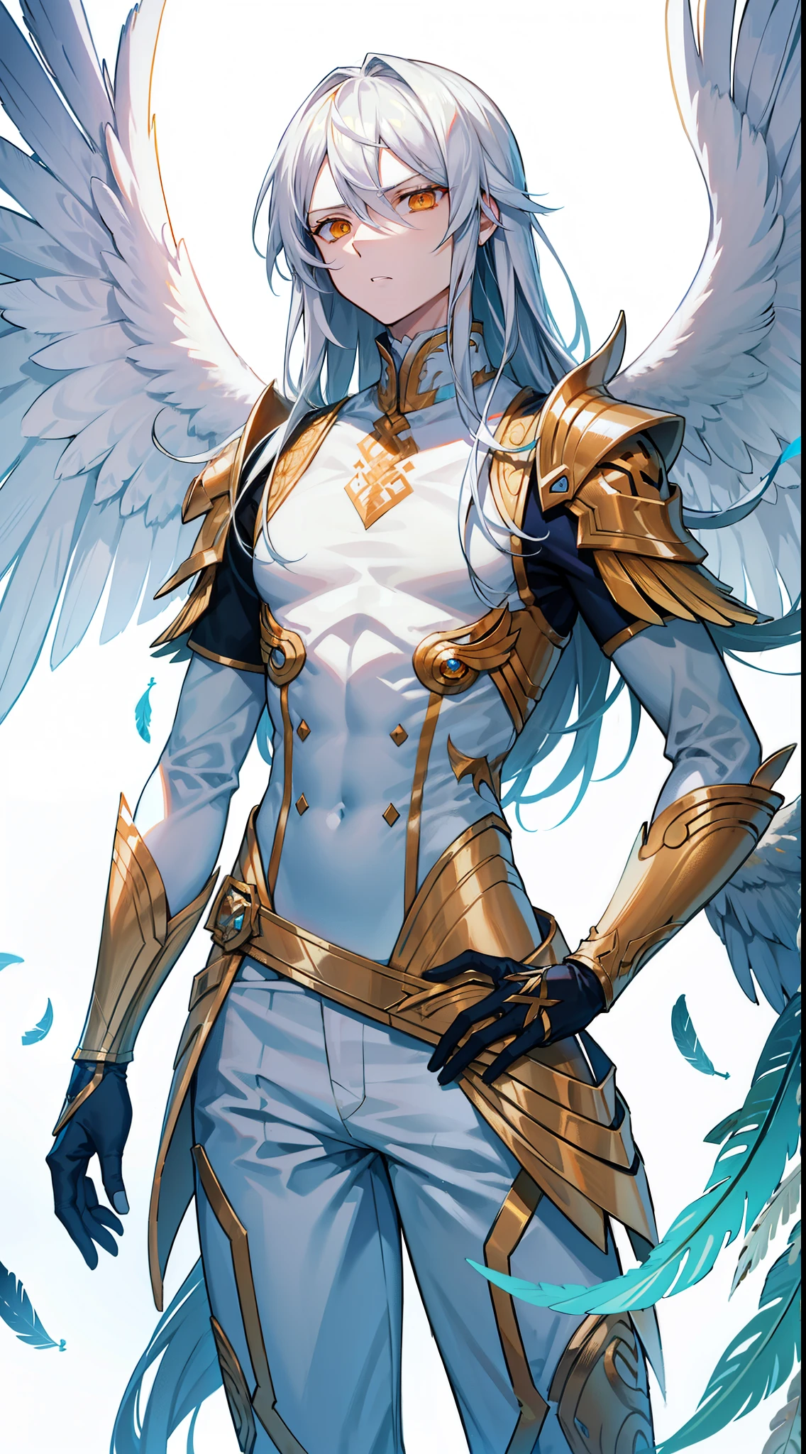Caius is a handsome male, stands at 7ft tall. He has an athletic body structure. He wears royal attire thats silver and gold. He has beautiful white silky hair and an golden color. He is seen with a staff. He has huge white wings. A big bulge in his pants. White Phoenix human form, 8k, 4k, good quality, ultra high quality
