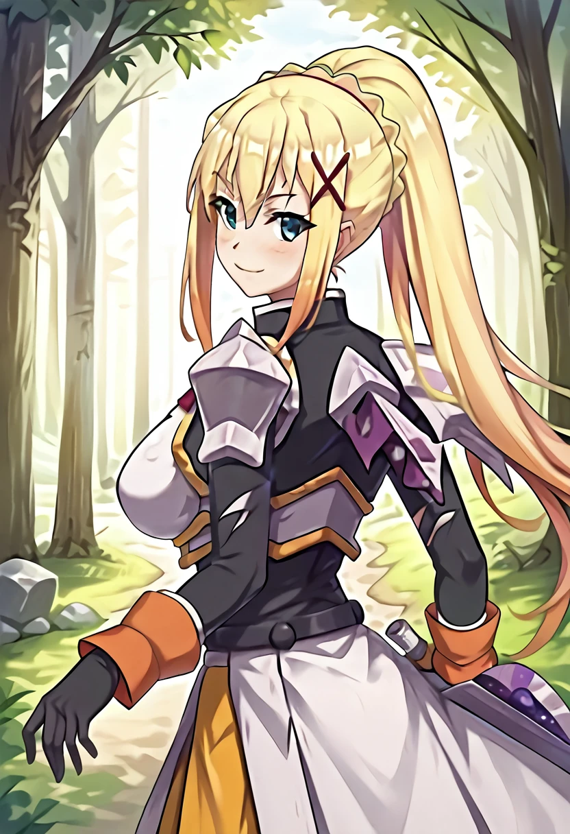 (masterpiece), (Best quality), (Very detailed), (high resolution), (8Khighres), (cel anime), (detailed beautiful face and eyes), (textile shading), (cowboy shot), (forest), 1girl, darkness /(konosuba/), long hair, green eyes, blonde hair, x hair ornament, ponytail, braid, gloves, armor, bodysuit, shoulder armor, armored dress, beautiful breasts, happy, smile, looking back, from side,,