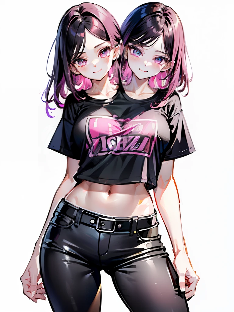 (masterpiece),(ultra-detailed), (high quality), (high resolution), (best quality:1.5, highres, UHD), highres, absurdo, ultra detail, ultra quality, ((2heads:1.5)), 1girl, Ultra resolution, 16k, best quality, 1girl, (black hair), (pink hair), violet eyes, black t shirt, ((5 foot girl)), teenage girl, midriff, (black pants), pink skirt pants, gentle smile, blushing, ((detailed eyes))