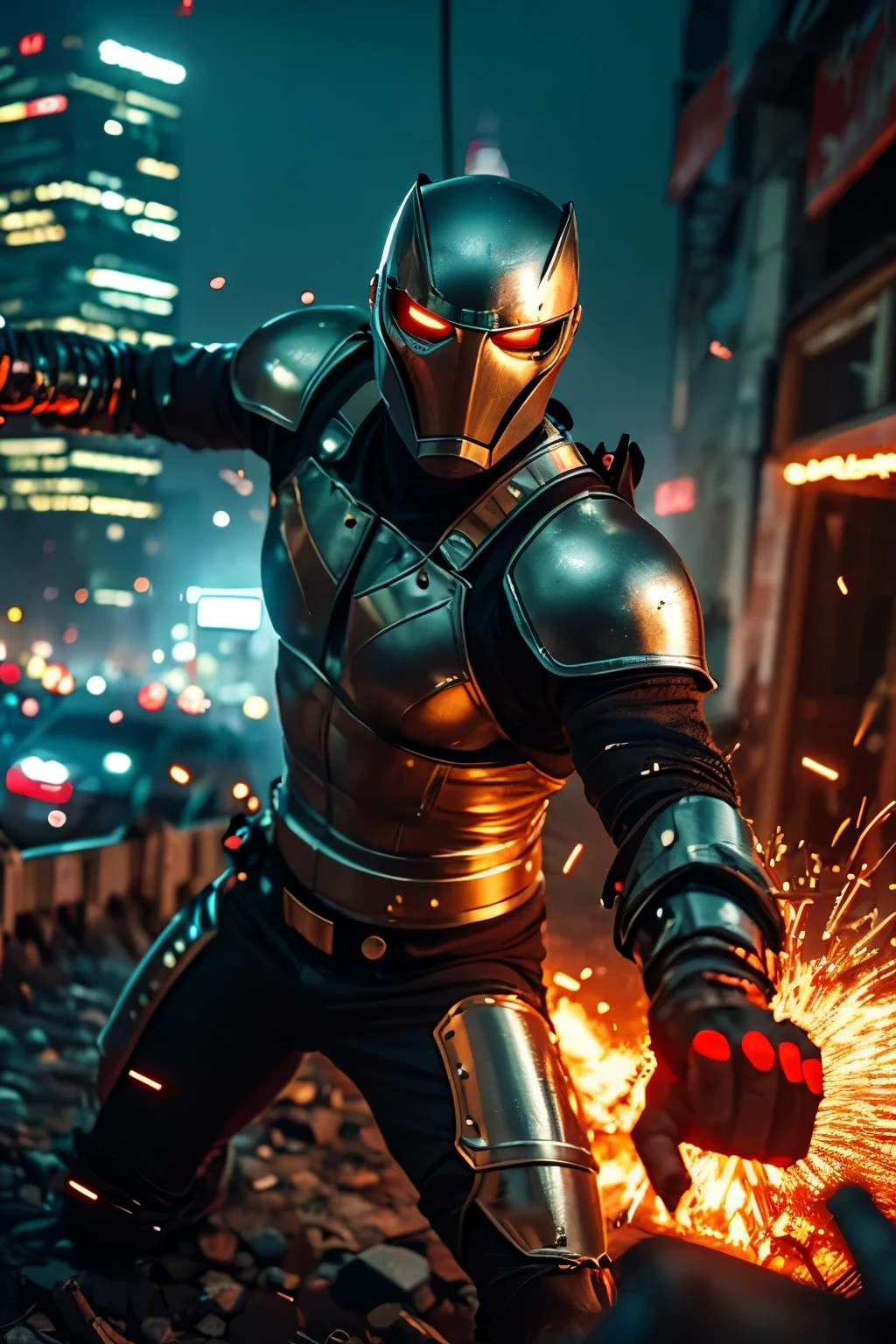 Generate an image of a futuristic warrior in a dynamic fight scene on a suspended bridge between two towering skyscrapers in a dystopian city. The warrior is clad in metallic armor with neon accents, caught in an intense action pose, one arm blocking an attack, and the other poised to strike back. The perspective should emphasize depth, with the bridge extending into the background and the city ruins far below. In the foreground, add debris and sparks to enhance the sense of motion. The image should convey a powerful sense of movement, with a strong 3D effect created by the interaction between the character, the background, and foreground elements