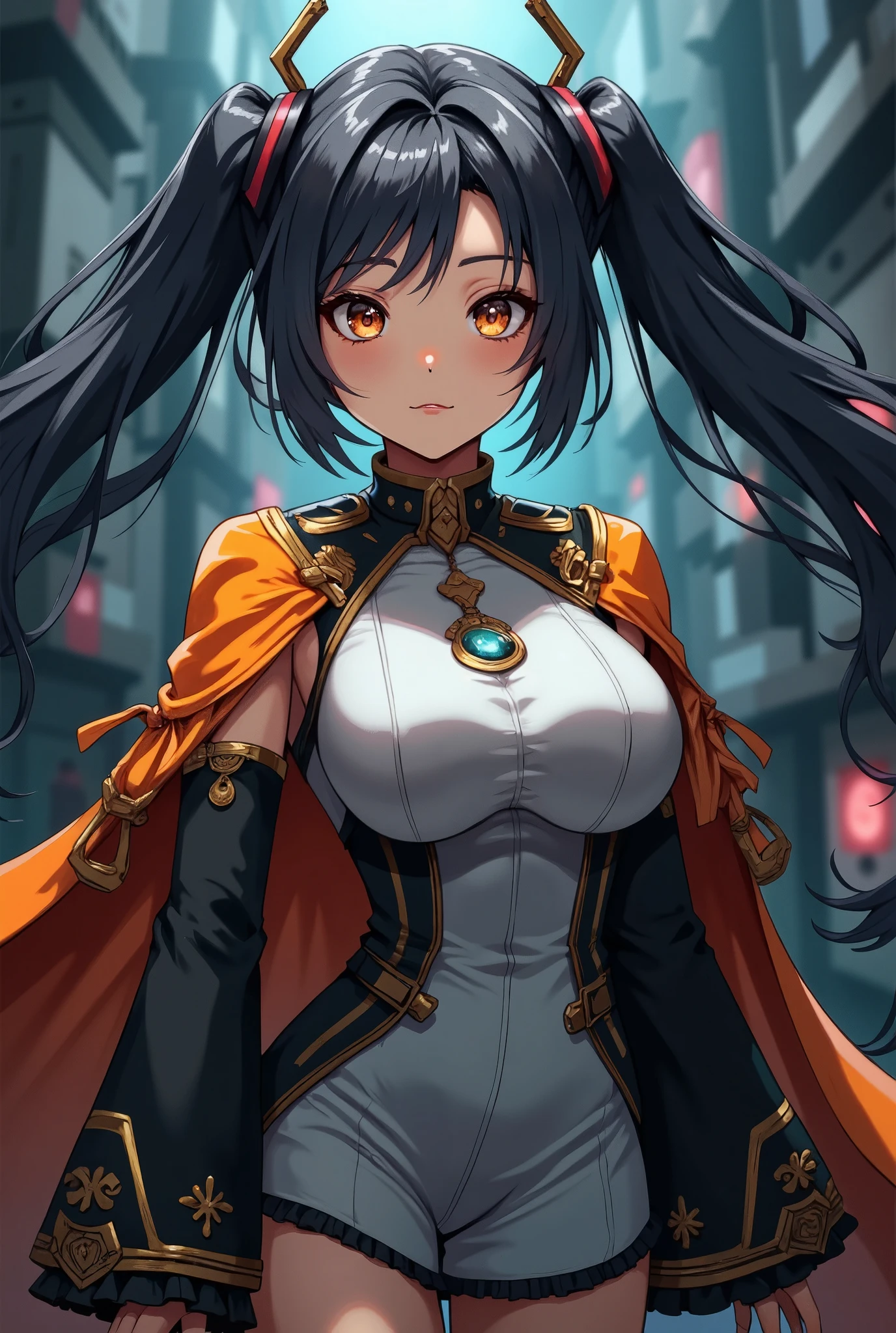 (masterpiece、Best Quality、Best Quality、Official Art、Beautiful and beautiful:1.2)、(One person:1.3)Hatsune Miku、Twin tails,Beautiful breasts,A white girl with long black hair wearing a military uniform, Orange Cape, Big hazel eyes, Science fiction, Dark mood, Charterner v2