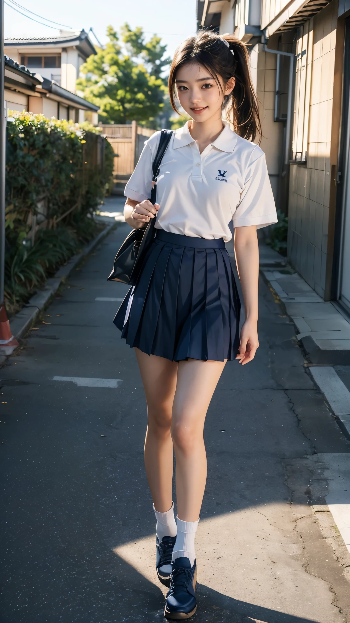 (((​masterpiece))), (((Full body photo)))， (One beautiful Japan girl, classmates, landscape and innocence，kawaii) ，超A high resolution, Realistic, ultra-detailliert, 8K,top-quality, Extremely detailed, Detailed background,A slender,very beautiful japanese girl, Detailed face:1.3), (Bery short hair，A dark-haired :1.4), (a baby face，kawaii系,adorable 14 year old girl), (Perfect body:1.1),  (Neat sailor suit，Dark blue mini skirt、Dark blue high socks、lowfers), on the grass in the park，Requisitioning smile,Please show me your beautiful teeth,((Focus on the crotch，The skirt is rolled up、Panties are visible，Underwear is sheer))，Turn、rosy cheeks，Super Detailed Face、Detailed lips、A detailed eye、small gravure idol，Transparent skin、lolita，japanese hight school uniform，Shade，Under a big tree，Photorealistic:1.37，no-makeup，Neutral Lighting，posterior view、Enlarge the buttocks、Looking up from the ground