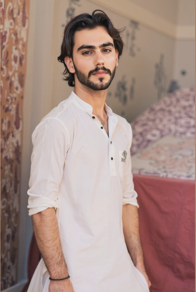 A Handsome hot gay man with gray eyes, curly hairs, White colour skin, clean shave and sitting on the banch wearing Pashton outfit 