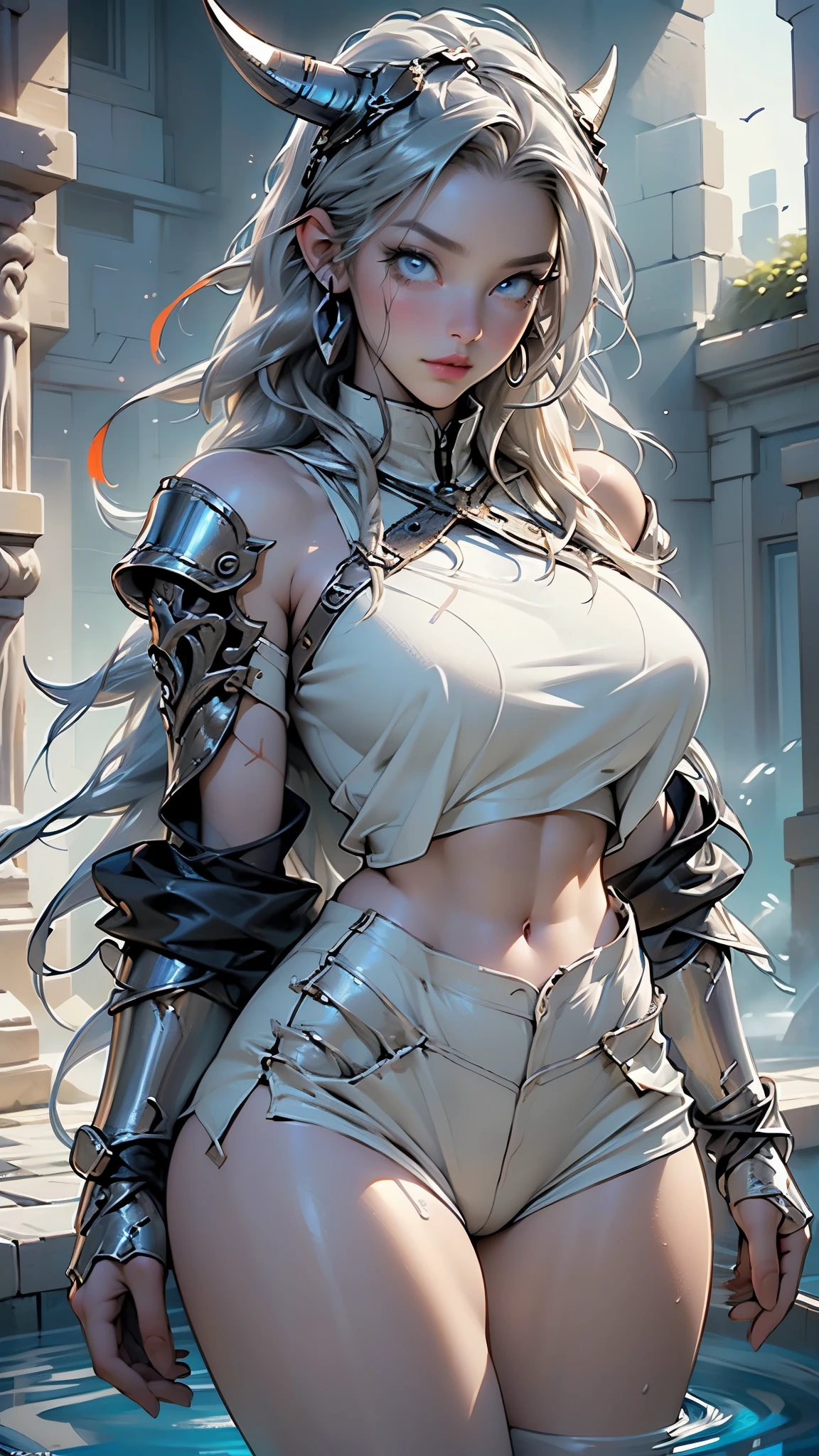 photorealistic, high resolution, 1women, shining skin, solo, jewelry, pink lips, long white hair, blue eyes, closed mouth, hips up, fantasy armor, armed with a sword, wearing heavy armor LnF