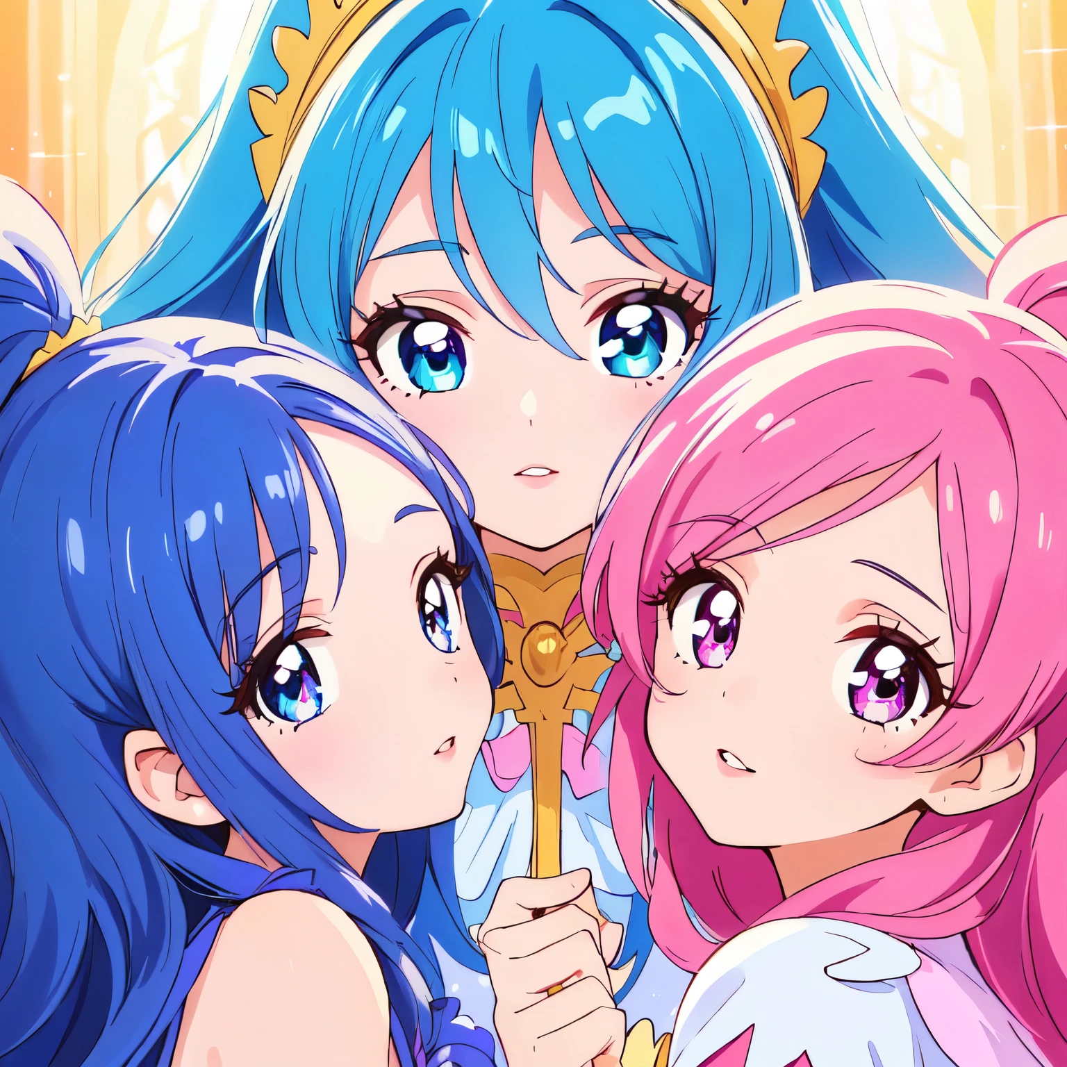 a group of 3 pretty cure girls,detailed facial features,beautiful detailed eyes,beautiful detailed lips,extremely detailed face,long eyelashes,colorful costumes,dynamic poses,fantasy environment,vibrant colors,soft lighting,digital painting,8k,highly detailed,masterpiece