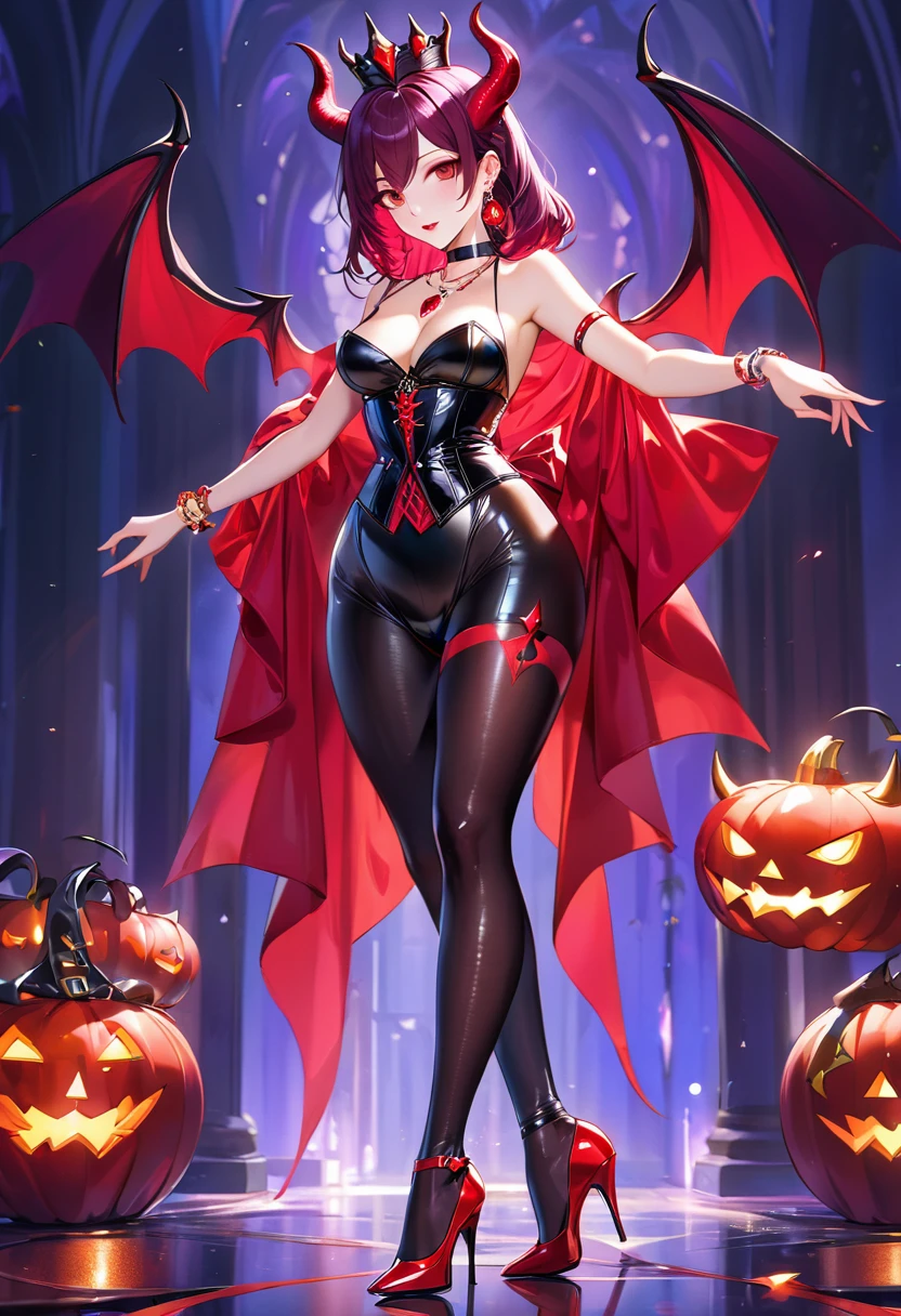 1 mature and seductive woman,(Best Quality,Extremely detailed depiction,Incredibly absurd high definition,Anatomically accurate,Beautiful legs,Porcelain-like skin),(Bewitching Succubus:1.3,Queen),(Shiny latex,corset,Luxury accessories,earrings,necklace,Bracelet,A mysteriously shining jewel,Black tights,High heels,Devil&#39;s Wings),(eyelash,Purple Eyes,Crazy Eyes,Large Breasts,A seductive smile,Purple lips,Flashy makeup,Seductive gestures,Half-closed eyes:1.5,Mouth open,口元を隠すFailvale:1.5,Failvale),Picture from the waist up:1.3,