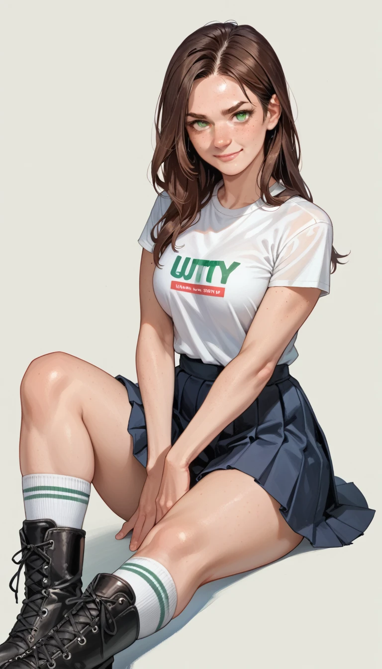 Cartoon of a girl, sexy, slutty, seductive, brown hair, long hair, green eyes, closed mouth, smirk, freckles, perfect face, tshirt, pleated skirt, socks, boots, medium breast, focus on face, simple background
