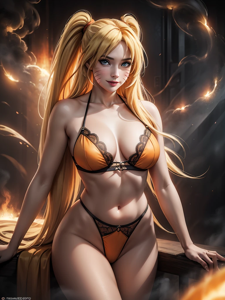 realistic 1.2,(masterpiece), (high quality), naruto uzumaki feminino, orange lingerie, Big breasts, sensual pose, mischievous smile, soft lighting, two blonde tails, precise hands, sfx, complement visual art, immersing the viewer. The level of detail is inspiring, with intricate elements meticulously crafted, Volumetric effects add depth and dimension, and the photorealism is unmatched. The image is rendered in 8K resolution, ensuring super detailed visuals. Volumetric lightning adds a touch of magic, highlighting your beauty and aura in a supernatural way. A tecnologia High Dynamic Range (HDR) makes the cores stand out, adding richness to the overall composition. Finally, this art presents an unreal portrait.