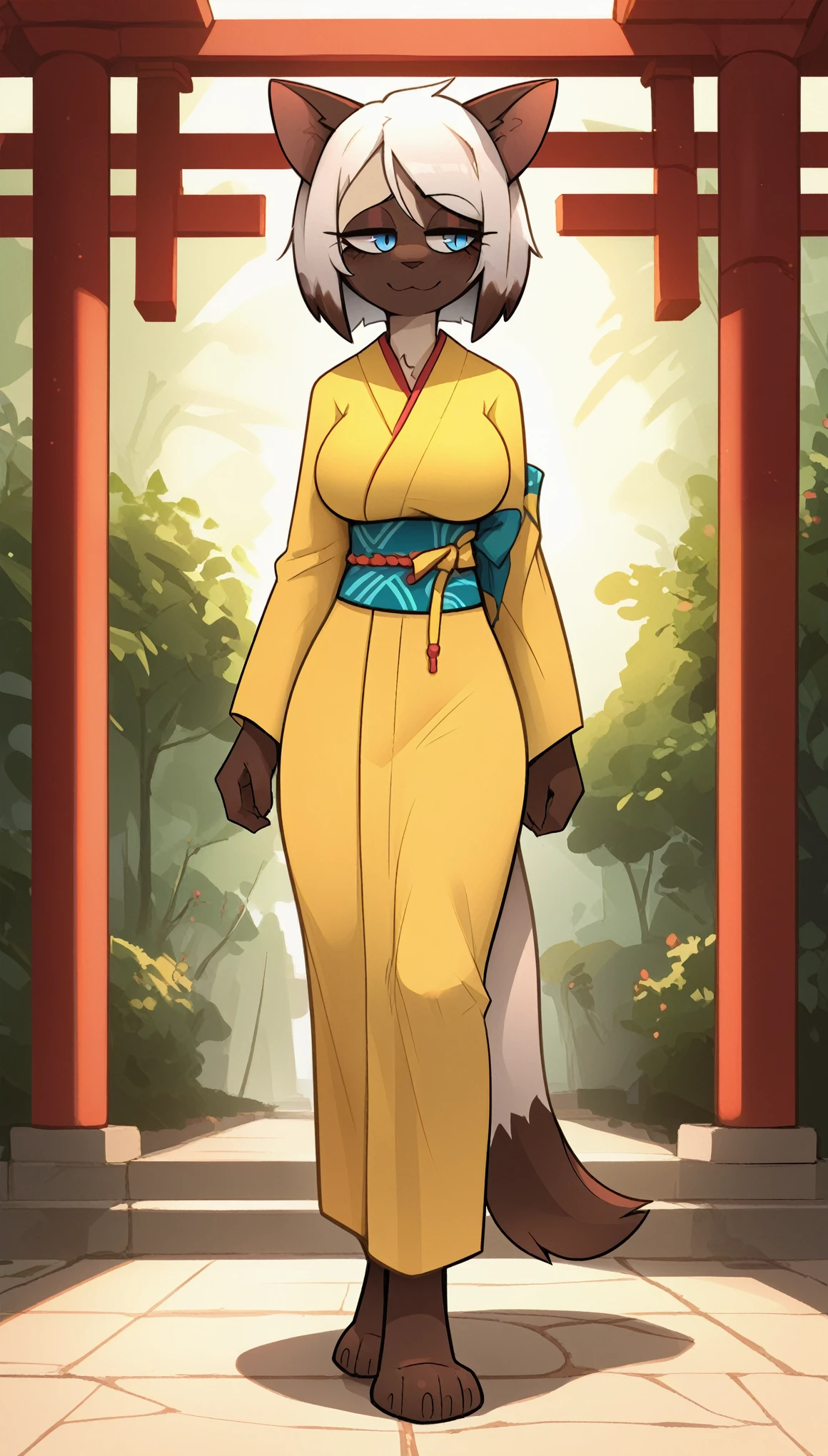 Half-closed eyes, tired expression, seductive expression, 1girl, anthro, furry, fur, fluffy fur, siamese cat, cat girl, japanese temple, white hair (brown highlights), blue eyes, short hair, full body, (19 years), big breast, thicc thighs, solo, half-closed eyes, detailed, yellow kimono, depressed, sad smile, walking, (jizoku), score_9, score_8_up, score_7_up, score_6_up, score_5_up, score_4_up