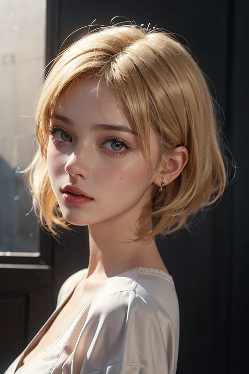 A 20-year-old woman, blonde, (corte de cabelo high-top fade:1.3), dark theme, soft tons, soft colors, High contrast, (Natural skin texture, hyperrealism, soft light, sharp)