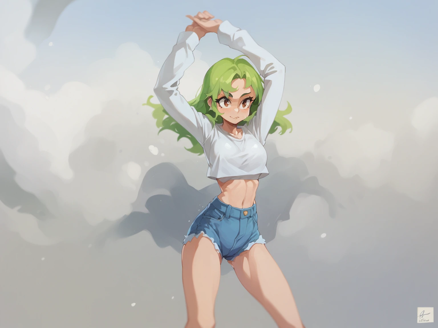 Masterpiece , Excellent quality , high resolution , 1 woman , Long green Hair , White shirt , Jean Shorts , abdomen , big breasts , Long legs , dancing 