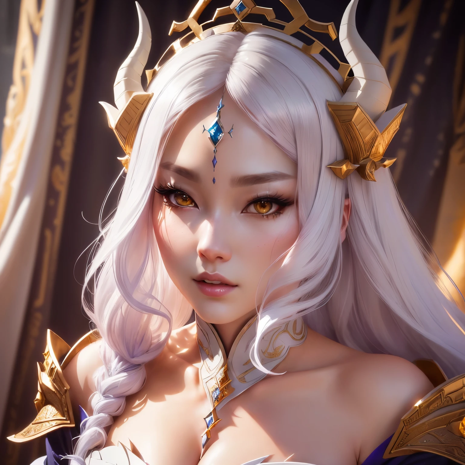 Very detailed CG unity 8K wallpaper，（tmasterpiece），（best qualtiy），（ultra - detailed），（Ultra photo realsisim），（best character detail：1.36），Nikon D750 f / 1.4 55mm，dynamic angle，profesional lighting，photon maping，Radio City, physically-based renderingt, In the palace, looking at viewert, Be red in the face, 1girll, a matural female, A MILF, Tall body, the golden ratio,(Kpop idol),(Oil skin:1.2),(Oil skin:1.1), Makeup,[:(com rosto detalhado:1.2):0.2]:,Mature faces_V1, ((Curly gray hair and sophisticated style)),(aegyo sal:1),,, (cparted lips:1.1),red lipsticks,broad shoulder,(middlebreast:1.1),(cleavage:1.1),Realistic style