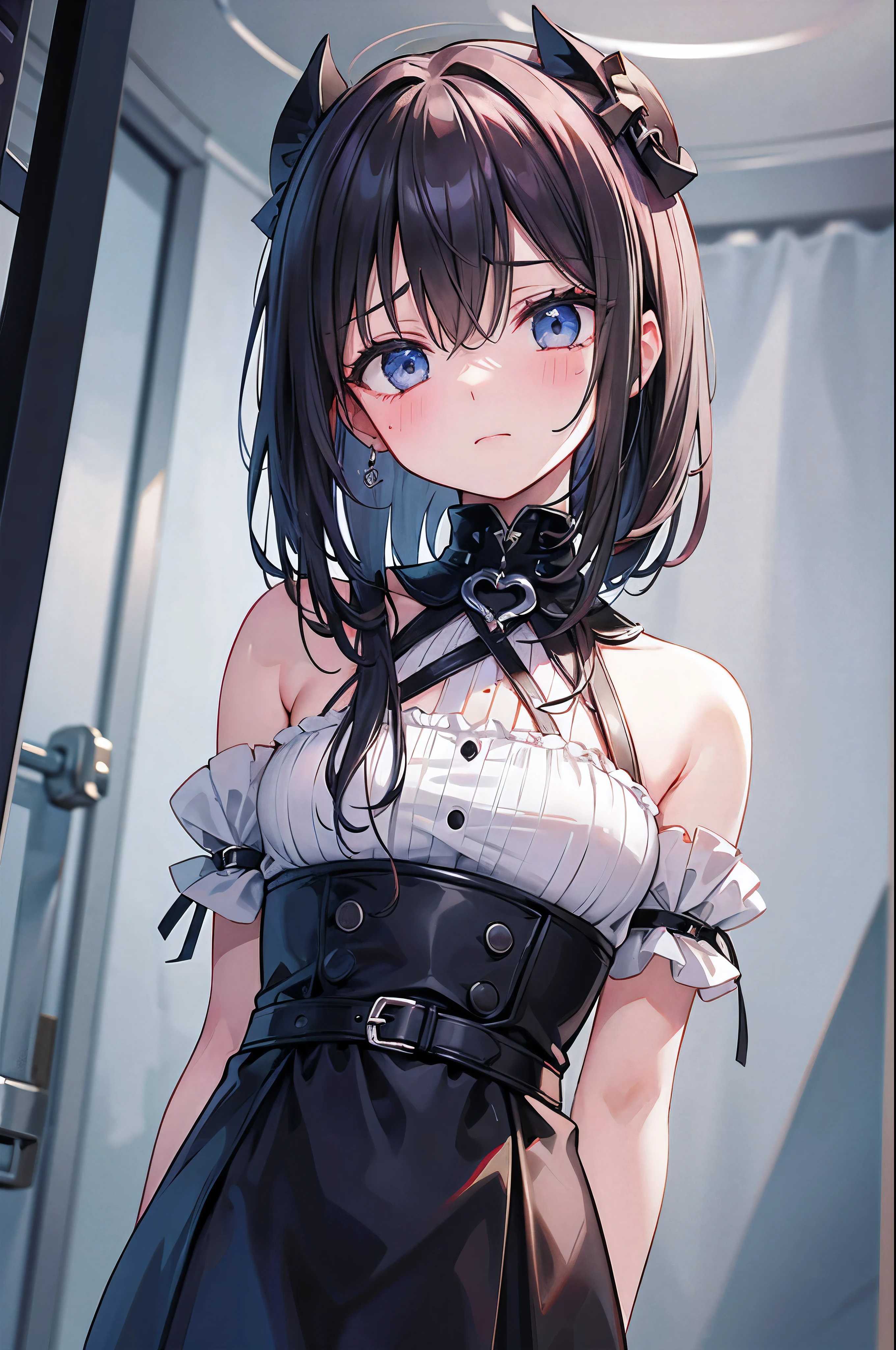 masterpiece, best quality, very detailed, high resolution, expensive resolution, high resolution, 4K, 8k, Unity 8k wallpaper, highly detailed CG, masterpiece, 2D, 3D, beautiful details, depth, fine texture, best quality: 1.3, perfect focus, crisp skin, him,
Very cute anime girl, frilly sleeveless shirt and mini skirt style, expensive brown hair in twin tail bun, downtown,
Mole under eye, looks at the viewer, expensive, blush, mole, open lips, pink eyes, heart shaped choker