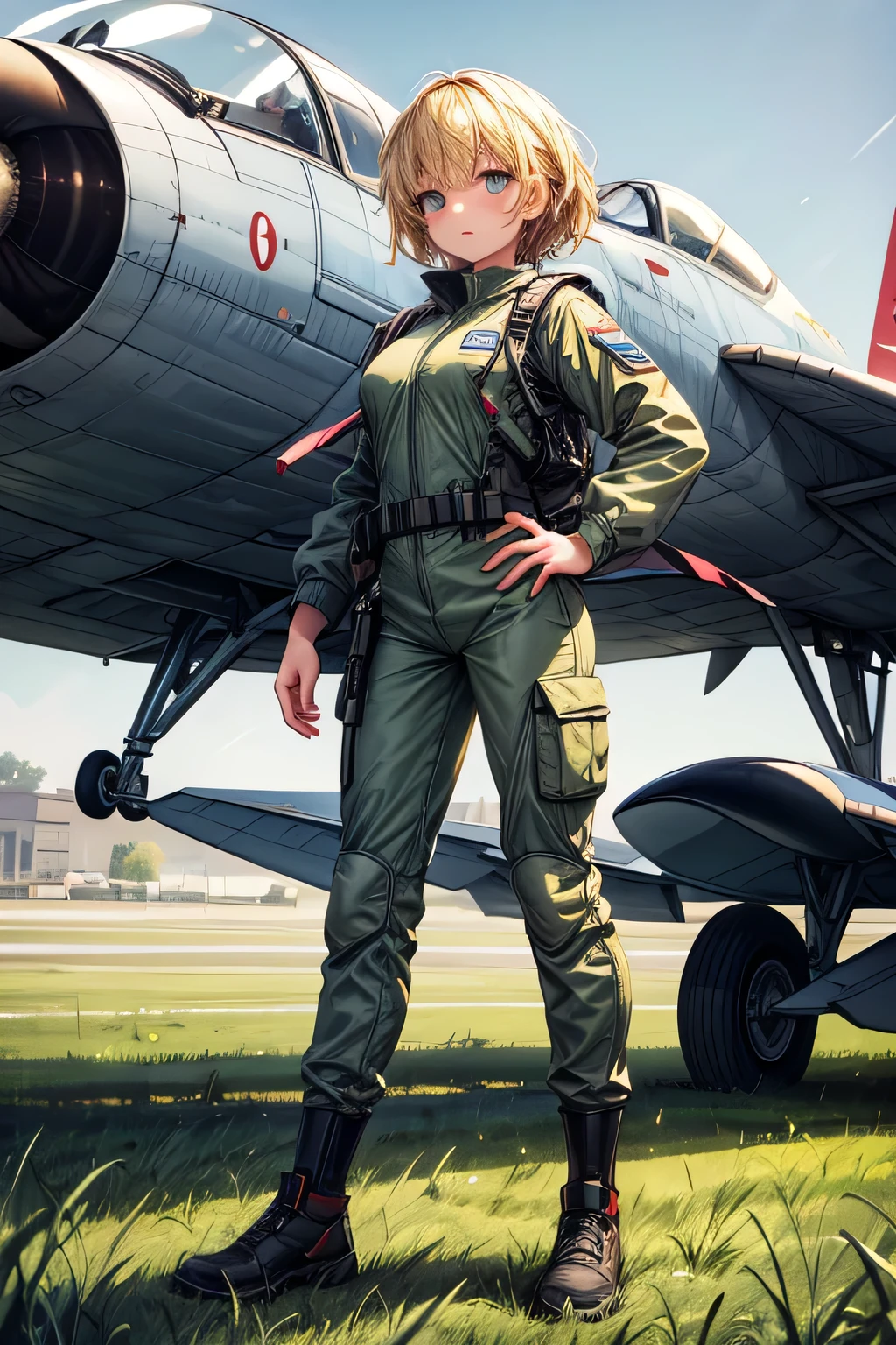 (masterpiece), best quality, expressive eyes, perfect face((best quality)), ((masterpiece)), (detailed), perfect face, airforce jumpsuit, standing, full body, front view, European, blonde, dark green uniform, jetfighter plane background,amazing sapraizz, dynamic production, cinematic lighting  ,8k