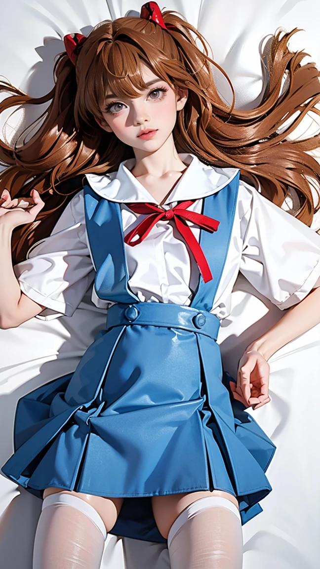 ((highest quality, 8k, masterpiece:1.3, Realistic:1.3)), {{Lying in bed, From above, dakimakura}}, Japanese , Single woman,  very light brown hair, With bangs, (Japanese Uniform, socks, Thick thighs,Save the song in cotton), Highly detailed face and skin texture, Beautiful Eyes, Lip details, The hair is very well drawn, Facing the children, In the heat, Embarrassed look, Natural Makeup:1.0,Skirt flip,pantyhose,