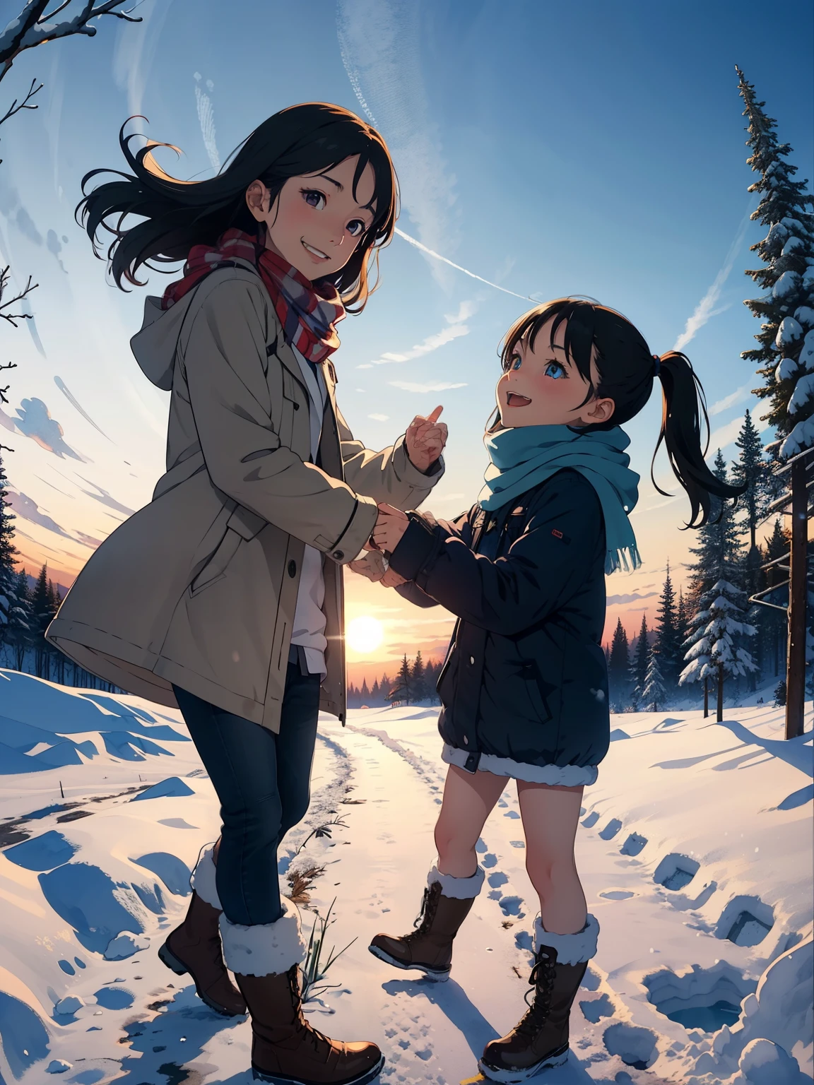 Masterpiece，Best Quality，High image quality，(Superflat, Flat Shading )，Fisheye Lens，Beautiful petite trained young mother and very cute trained daughter:1.25，Warm scarf， (naked)，Long Hair, Boots, smile, smile, White Breath，fun, play, winter, snow, At dusk，Beautiful sunset，Wide angle, Vibrant colors, watercolor, Ghibli style，Strong winds，Girl&#39;s Temptation，