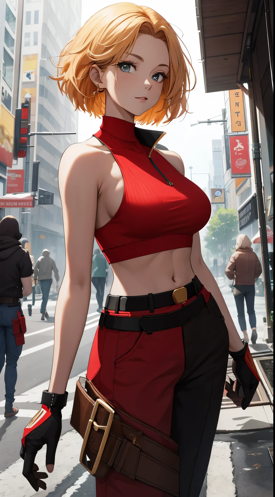 ((Highest quality)), ((masterpiece)), (Familiar), Hazy, Female,Mature Woman,Purple Hair, short hair, Low Ponytail, eye shadow, lipstick, Red eyes,Red Shirt,Red and black jacket,Large Breasts,Cleavage, White tight skirt,Red Heels