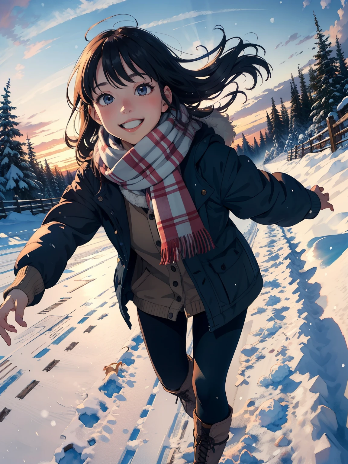 Masterpiece，Best Quality，High image quality，(Superflat, Flat Shading )，Fisheye Lens，Beautiful petite trained young mother and very cute trained daughter:1.25，Warm scarf， (naked)，Long Hair, Boots, smile, smile, White Breath，fun, play, winter, snow, At dusk，Beautiful sunset，Wide angle, Vibrant colors, watercolor, Ghibli style，Strong winds，Girl&#39;s Temptation，Accurate and detailed female fingers:1.2，