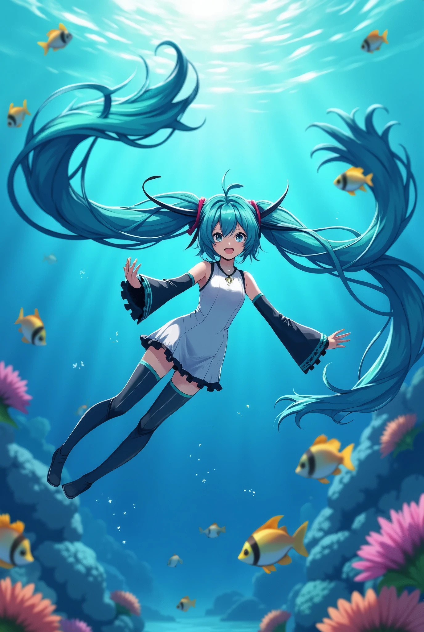 (masterpiece、Best Quality、Best Quality、Official Art、Beautiful and beautiful:1.2)、(One person:1.3)Hatsune Miku、Twin tails,Beautiful breasts,Diving into the sea、Wetsuits、School of fish、The World of the Little Mermate