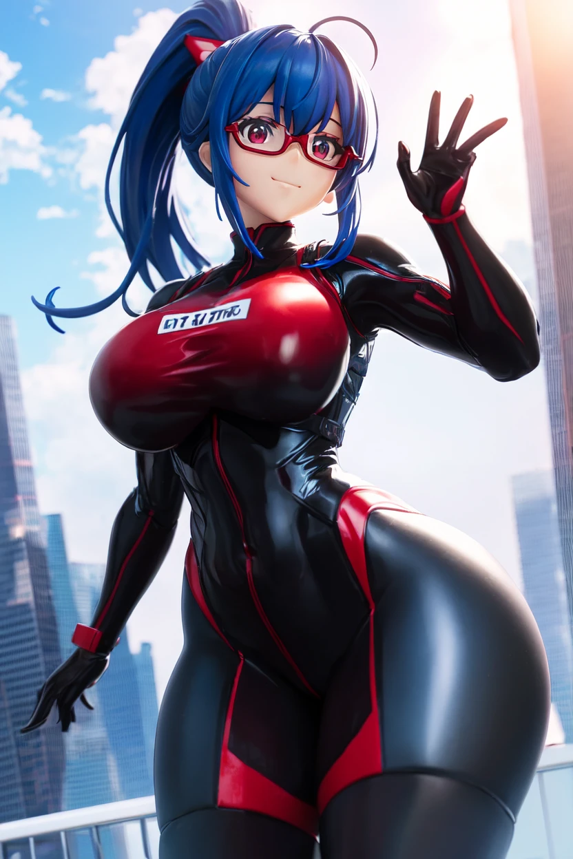 (Best Quality, ultra-detailed, master piece, in 8K, All women, Back alleys in the shade, one's subjective point of view,),lady wearing a face mask in body suit, ( don't have anything in hands, sky-blue medium hair, purplish red eyes, enormous breasts, she's in love with, glad, eyes closed),