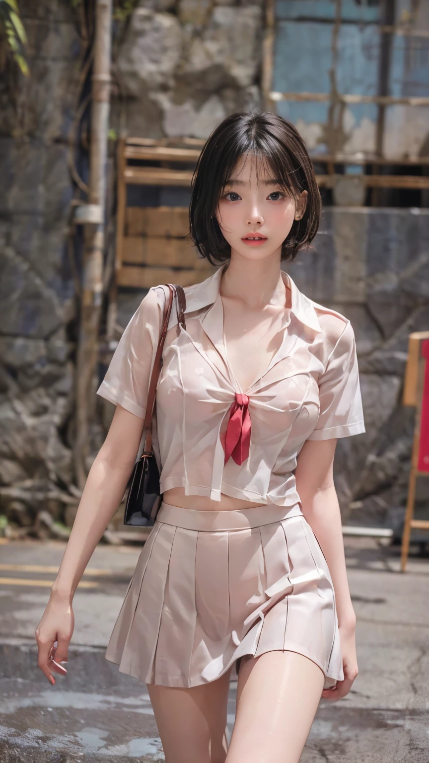 Ultra-high resolution,(reality: 1.4),Please redeem, masterpiece, Attention to detail, 16K quality, beautiful, 1 beautiful girl,baby face,Highly detailed face,Detailed hands,beautiful skin,Professional Lighting,Super sexy short hair,beautiful eyes, ((White shirt,Red tie,Flared Skirt)),Walking around town,(Panty shot),beautiful胸,Walking around the city,Blur the background,Wet、perspective