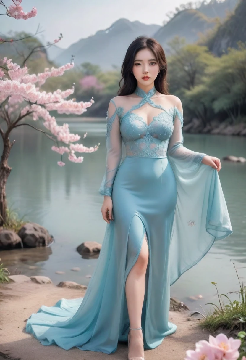 A beautiful chubby Thai woman. Elegant posture，Black hair, Wearing a traditional turquoise and black dress,Decorated with gold, Standing by a peaceful river. The surrounding ground and cliffs are covered with snow., Pink flowers blooming at your feet, Adds contrast to the winter landscape. The towering cliffs behind are shrouded in a thin layer of mist., A peaceful river flows through the valley. The atmosphere is calm and somewhat mysterious., When a woman exudes an aura of calm and confidence，With a peaceful expression