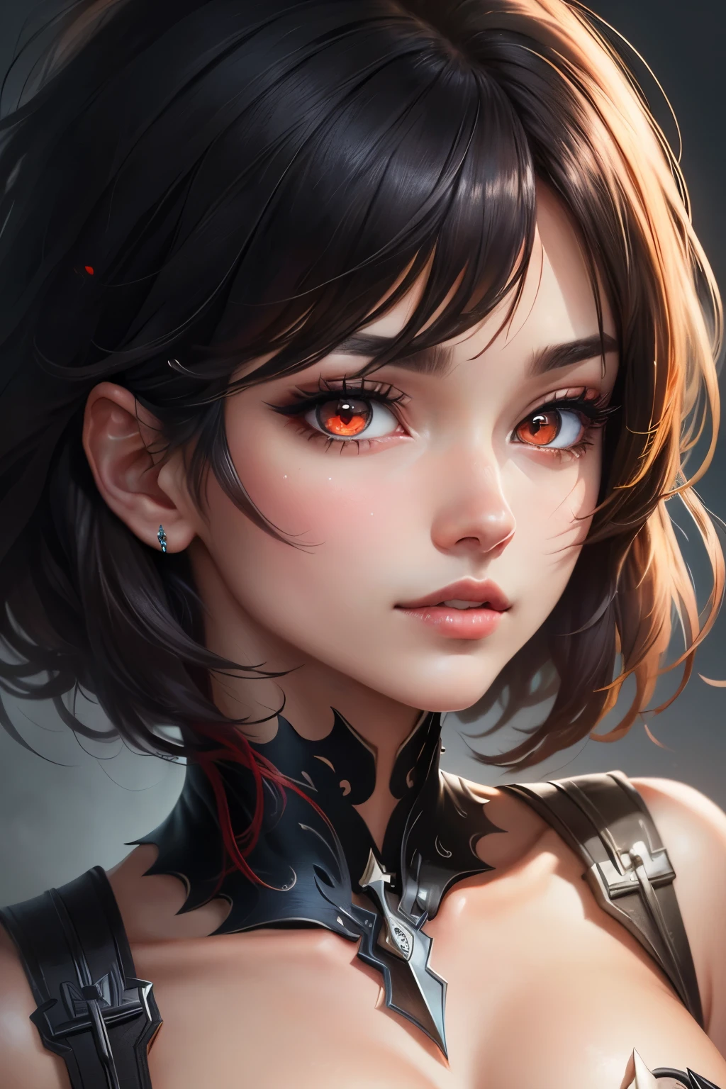 beautiful woman, yandere, hair over one eye, amorous and lewd face, sly, smirking, loud laughter, sadistic, dead eyes, bags under the eyes, makeup, covered in tattoos, great proportion, red thread, gold thread, shiny black rubber, whip, background obscene space, shading effects, gradation magic effects, foggy filter effects, glitter effects, (ultra detailed, absolutely resolution, best quality:1.3), 2.5D, delicate and dynamic, artistic photography, hyper realistic, graphic CG digital art