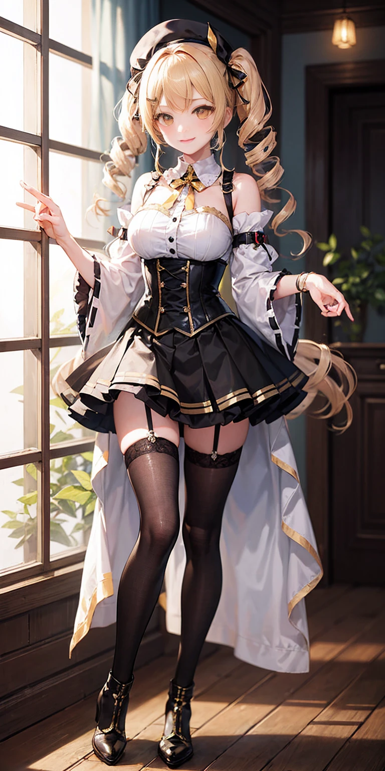 1girl, solo, masterpiece, best quality, high res, highly detailed, illustration, beatiful detailed eyes, yuigahama yui, single hair bun, glossy lips, light makeup, standing, cleavage, fishnet stockings, (full body), midriff, tiny microskirt