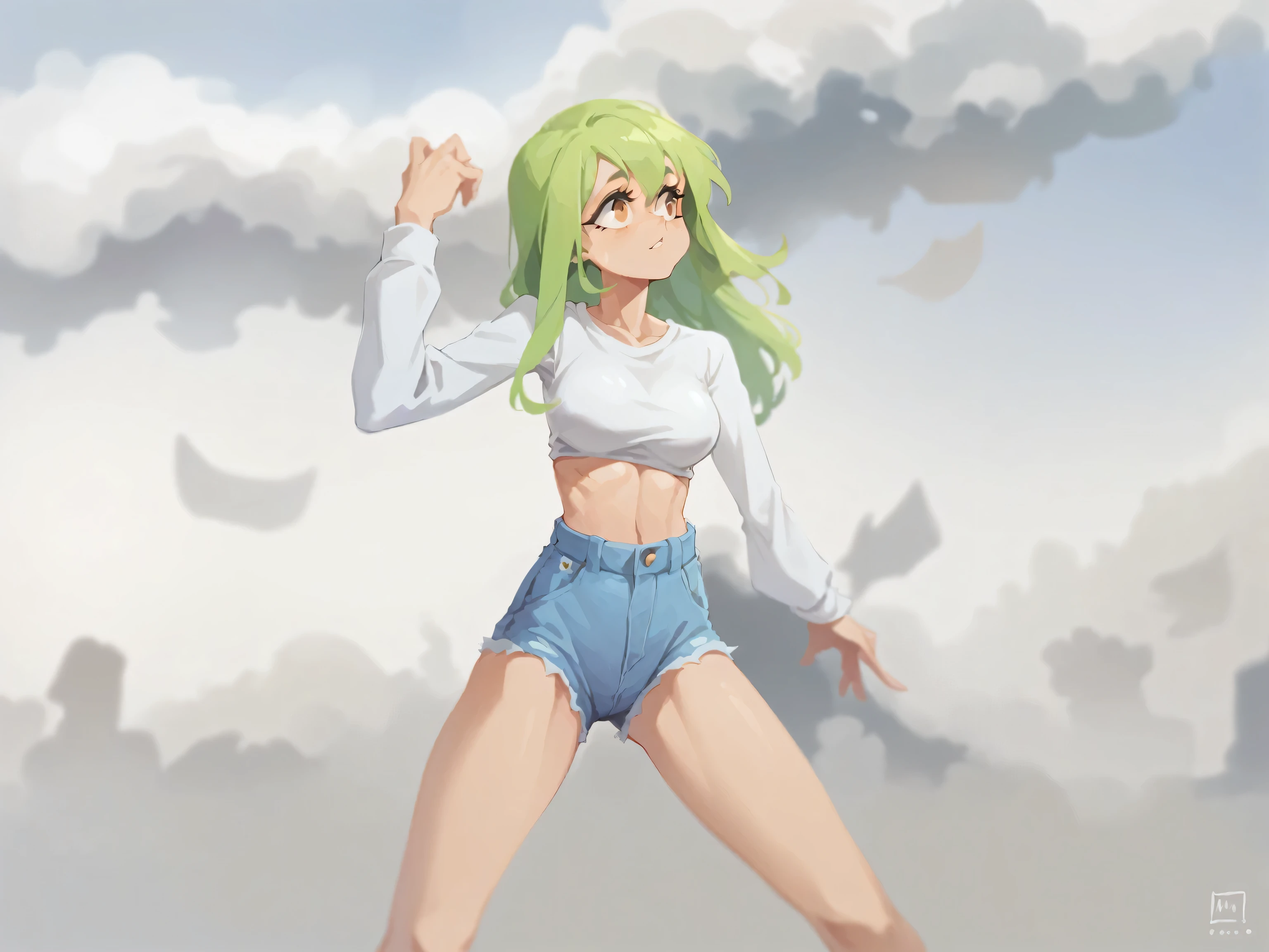 Masterpiece , Excellent quality , high resolution , 1 woman , Long green Hair , White shirt , Jean Shorts , abdomen , , Long legs , dancing