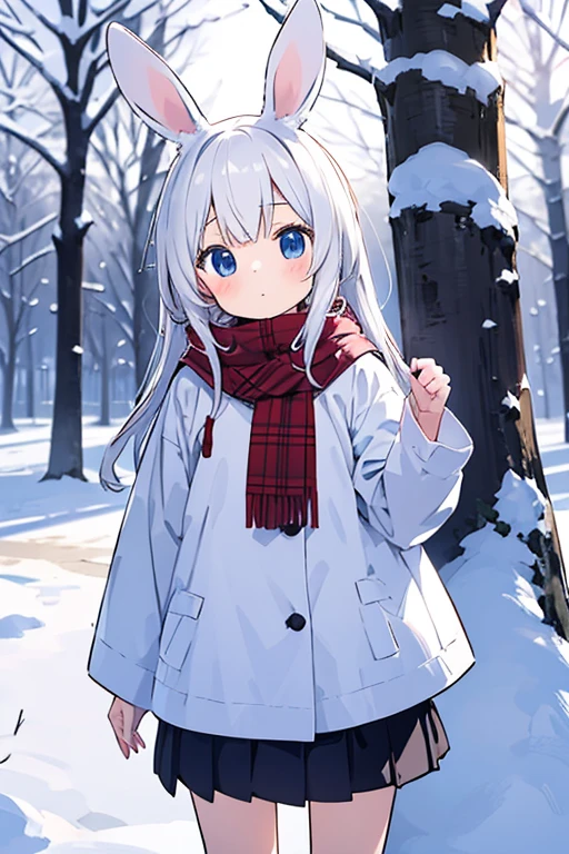 kemono, rabbit woman, cute girl, innocent look, snow clothes and short skirt, innocent, snow, winter, her appearance blending with the environment, flat ilumination