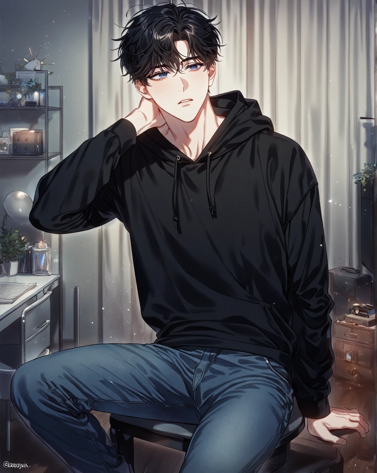 absurdres, highres, ultra detailed, HDR, master piece, best quality, detailed eyes, delicated features, Manhwa Style, Kang Woojin, black hair, messy hair, expressive dark blue eyes, Love Jinx, solo, sexy man, sensual, handsome, adult face, adult, black hoodie, black jeans, sitting, room, bed, desk, closet, window, blue curtains, winter, fantasy, magical