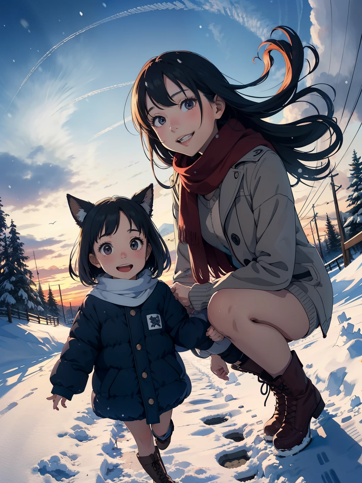 Masterpiece，Best Quality，High image quality，(Superflat, Flat Shading )，Fisheye Lens，Beautiful petite trained young mother and very cute trained daughter:1.25，Warm scarf， (naked)，Long Hair, Boots, smile, smile, White Breath，fun, play, winter, snow, At dusk，Beautiful sunset，Wide angle, Vibrant colors, watercolor, Ghibli style，Strong winds，Girl&#39;s Temptation，Accurate and detailed female fingers:1.2，