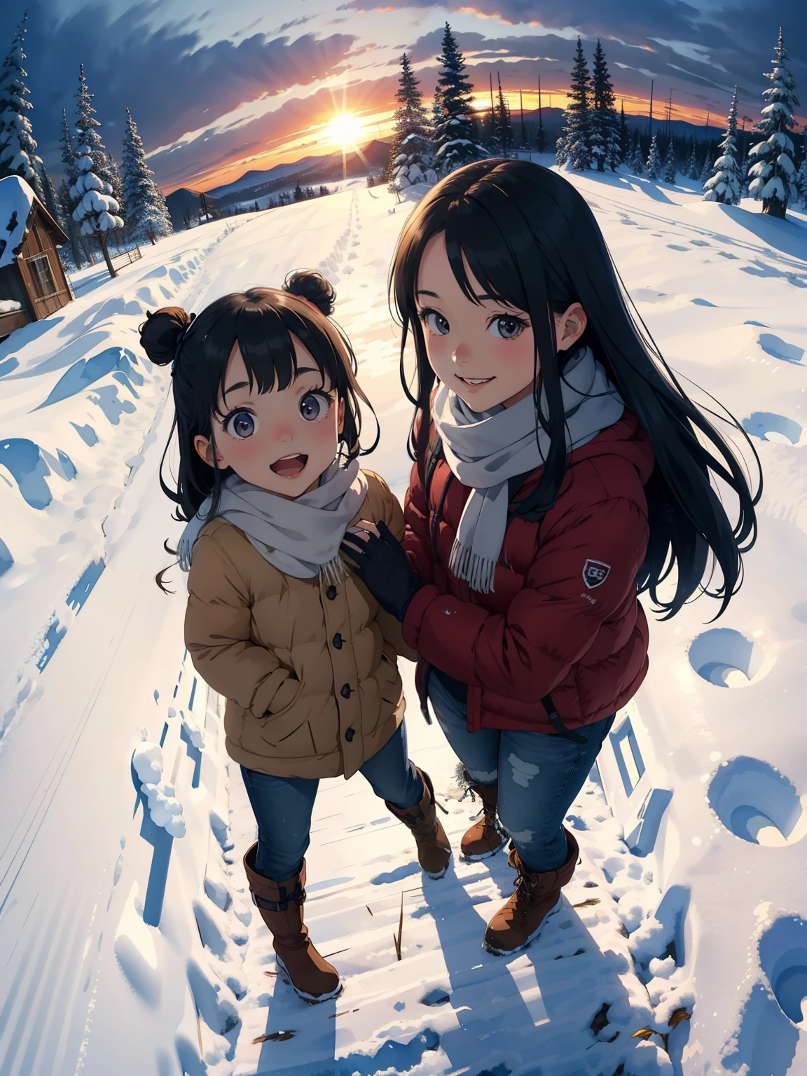 Masterpiece，Best Quality，High image quality，(Superflat, Flat Shading )，Fisheye Lens，Beautiful petite trained young mother and very cute trained daughter:1.25，Warm scarf， (naked)，Long Hair, Boots, smile, smile, White Breath，fun, play, winter, snow, At dusk，Beautiful sunset，Wide angle, Vibrant colors, watercolor, Ghibli style，Strong winds，Girl&#39;s Temptation，Accurate and detailed female fingers:1.2，