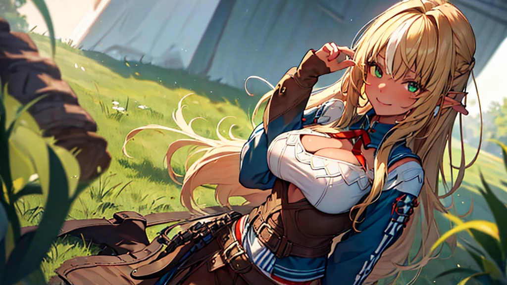 a highly detailed portrait of a female cowgirl, 1girl, solo, long golden hair, green eyes, ahoge, exposed midriff, cowgirl boots, belt, cleavage, smiling, realistic skin texture, cinematic lighting, rim lighting, spotlighting, beautifully sharp background, extremely detailed face and beautiful eyes, best quality, 4k, 8k, high resolution, masterpiece, photorealistic, photo-realistic:1.37, ultra-detailed, vivid colors, professional, physically-based rendering, sharp focus