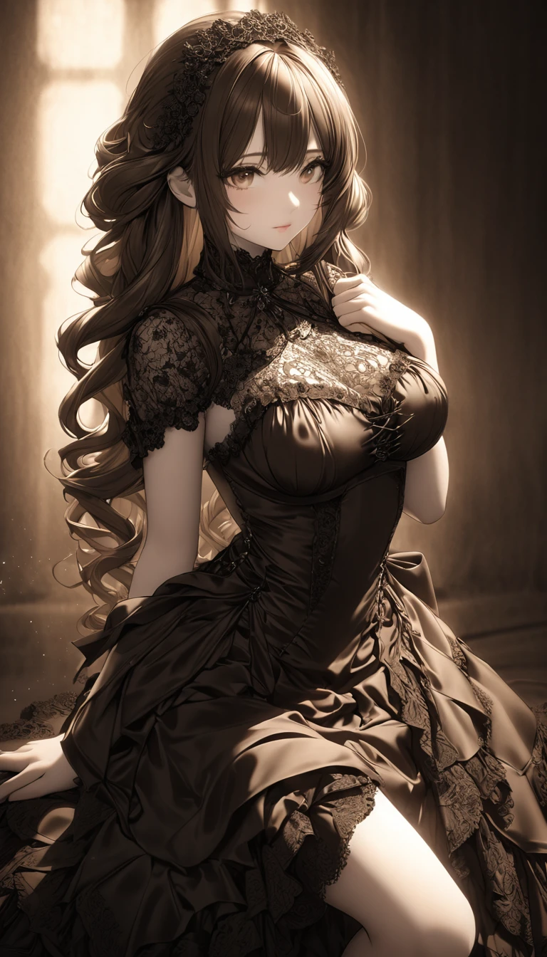 highest quality, ultra high resolution, super detailed, gorgeous, masterpiece, best quality, high resolution finely detailed, extremely beautiful, distinct image, ((best quality)) ((best quality)), ((masterpiece)), (detailed), 4k image, anime style, beautiful young girl, teenage girl, fair white skin, oval shaped face, seductive and sharp facial features, lacy and elegant shawl nightdress, astonishing sex appeal, curly hazel-brown hair, slim, curvy body, green eyes, full lips, medium height, large breasts,