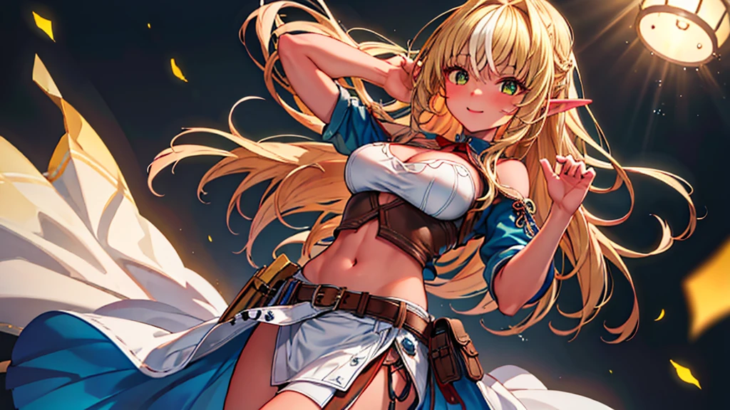 a highly detailed portrait of a female cowgirl, 1girl, solo, long golden hair, green eyes, ahoge, exposed midriff, cowgirl boots, belt, cleavage, smiling, realistic skin texture, cinematic lighting, rim lighting, spotlighting, beautifully sharp background, extremely detailed face and beautiful eyes, best quality, 4k, 8k, high resolution, masterpiece, photorealistic, photo-realistic:1.37, ultra-detailed, vivid colors, professional, physically-based rendering, sharp focus