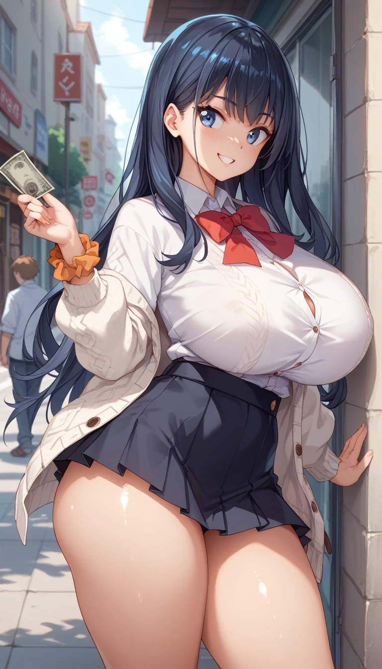 1 girl, Rikka Takarada, blue eyes, Black Hair, Long Hair, bangs, , White cardigan, Black mini skirt, Red ribbon, Orange Wrist Scrunchy, Huge breasts、Huge Ass、Very thick thighs、Sexual smile、Bitch、prostitution、masterpiece:2, High resolution、High image quality、High resolution、8k,Anime Style、Shiny skin、Oily skin、