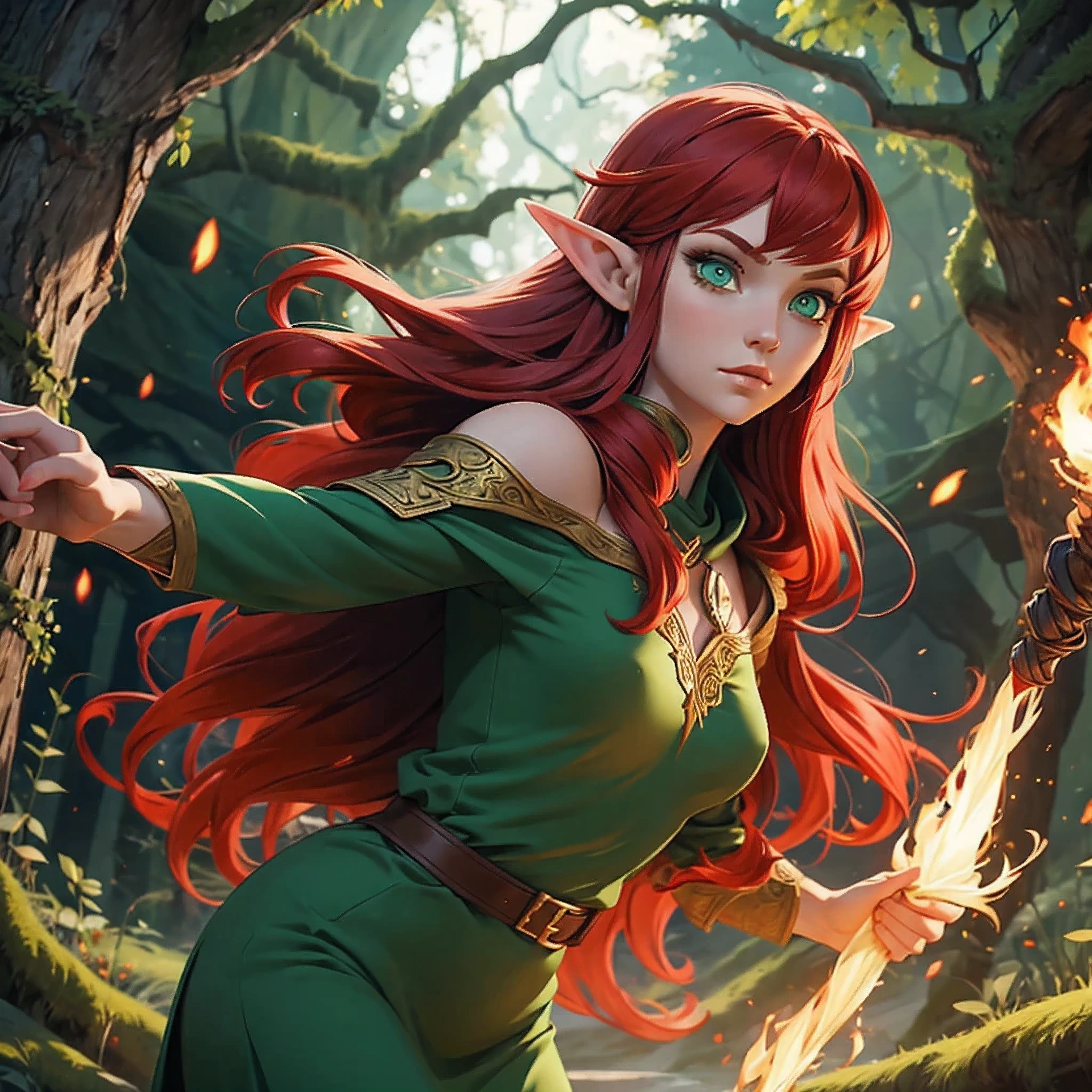 Tauriel, the woodland elf from The Hobbit movie, best quality, ultra-detailed CG unity 8k wallpaper, floating, high resolution, dynamic pose, beautiful face, pale white skin, dark red hair, braided, redhead, (green eyes:1.2, dark green tunic, brown sleeves, tight brown pants), depth of field, white forest, golden leaves, magic light), slim body, deep cleavage, tight bust, looking at viewer, holding elven bow