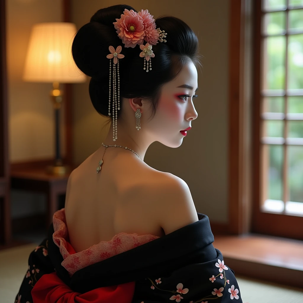 Portrait of a beautiful Geisha, (realistic photo face:1.5), nude, showcasing breasts, Japanese house