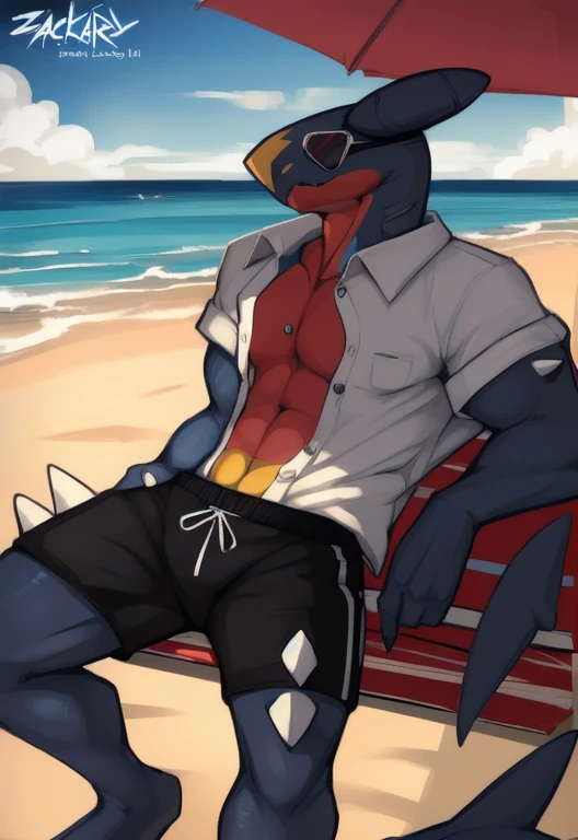 (by zackary911, anime, soft hatching) anthropomorphic, solo, human anatomy, adult, tall, mature, anthro, (lean, skinny muscles, biceps, abs), (garchomp (POKEMON), fins, shark fins), (black swim shorts, white opened button up shirt, sunglasses), (beach, beachside, umbrella)