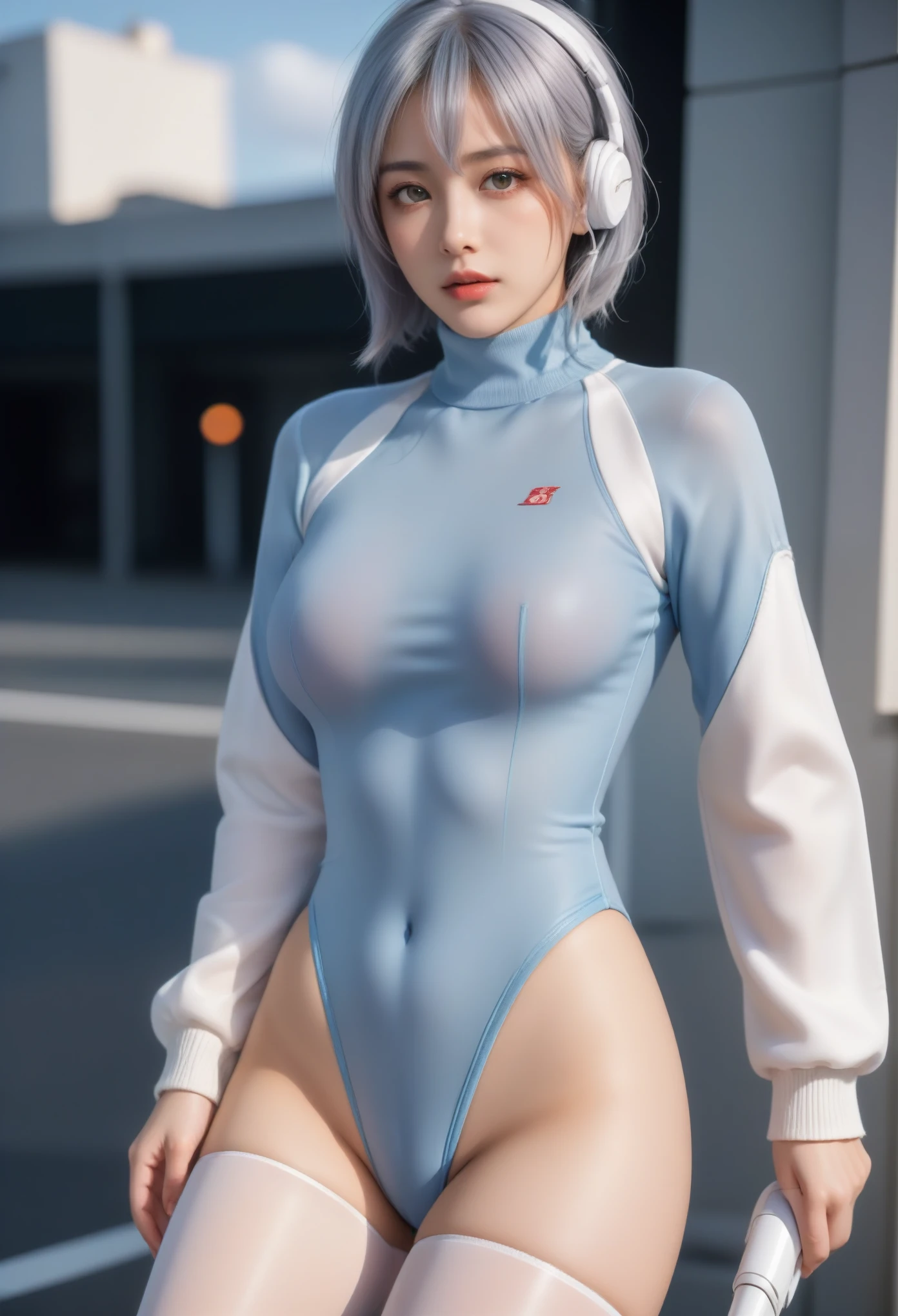 (masterpiece, Best quality:1.2), 1 Girl, Solitary,Mature_Miss, Delicate face,Eye details,Long hair, Flowing hair,Medium breasts,Fluttering clothes,,Ayanami Rei,White tights,Red Eyes,Pilot suit,Short hair,Blue Hair,Bangs,Headphone jack,Turtleneck sweater,Hair between the eyes,In the Square