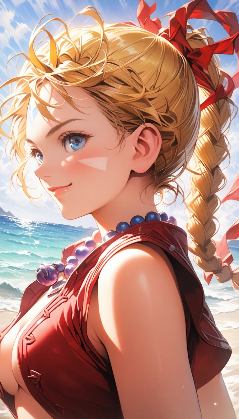 (viewed from slightly below:1.27), ((mature face)), blue eyes, warm smile, 20 years old, yellow hair in a high braided ponytail, (small bust:1.42), navel, standing on white sand beach, in various fighting poses, red fitted jacket 3/4 cropped, nude torso under jacket, form fitting red micro skirt, ((skirt is partially open)), (yellow pubic hair peeks out of her skirt:1.42), (Whole body shown:1.37), wearing loose leather boots, wearing ankle wraps, detailed face, detailed eyes, detailed lips, highly detailed hands, 8k, UHD, cinematic lighting, vivid colors, dramatic shadows, masterpiece, award winning art, (full length portrait:1.42),(kdecc, ponytail, (facial mark), necklace, red vest, midriff, red skirt, gloves), ultraST, skin_tight, impossible clothes, (nipple rings, nipple jewelery) 