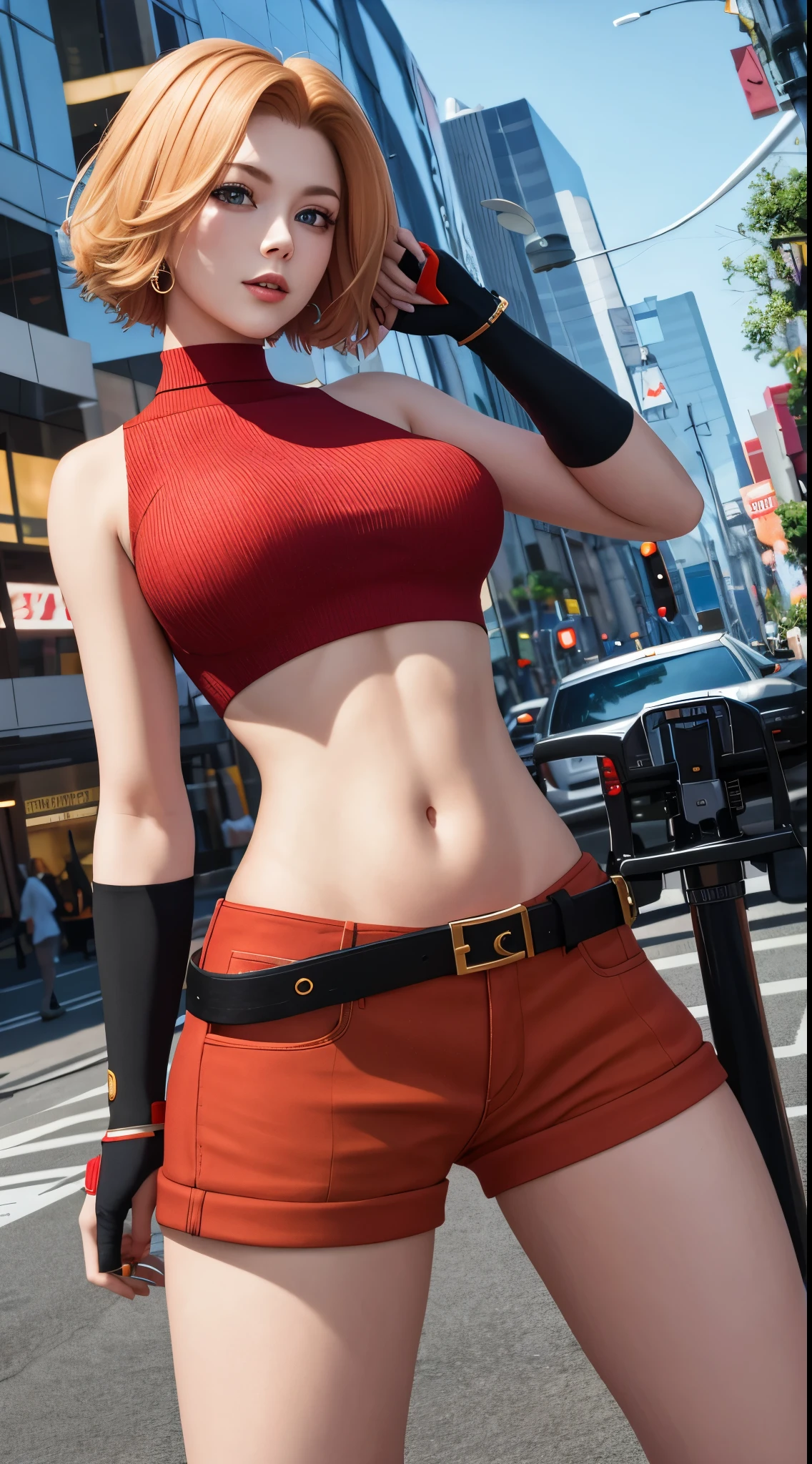 tmasterpiece,, Best quality at best, A high resolution, 1girll， with short golden hair，Red clotheary，hason, Crop top, (Large breasts 1.4), nabel，Fighting posture，cyber punk perssonage，City streets