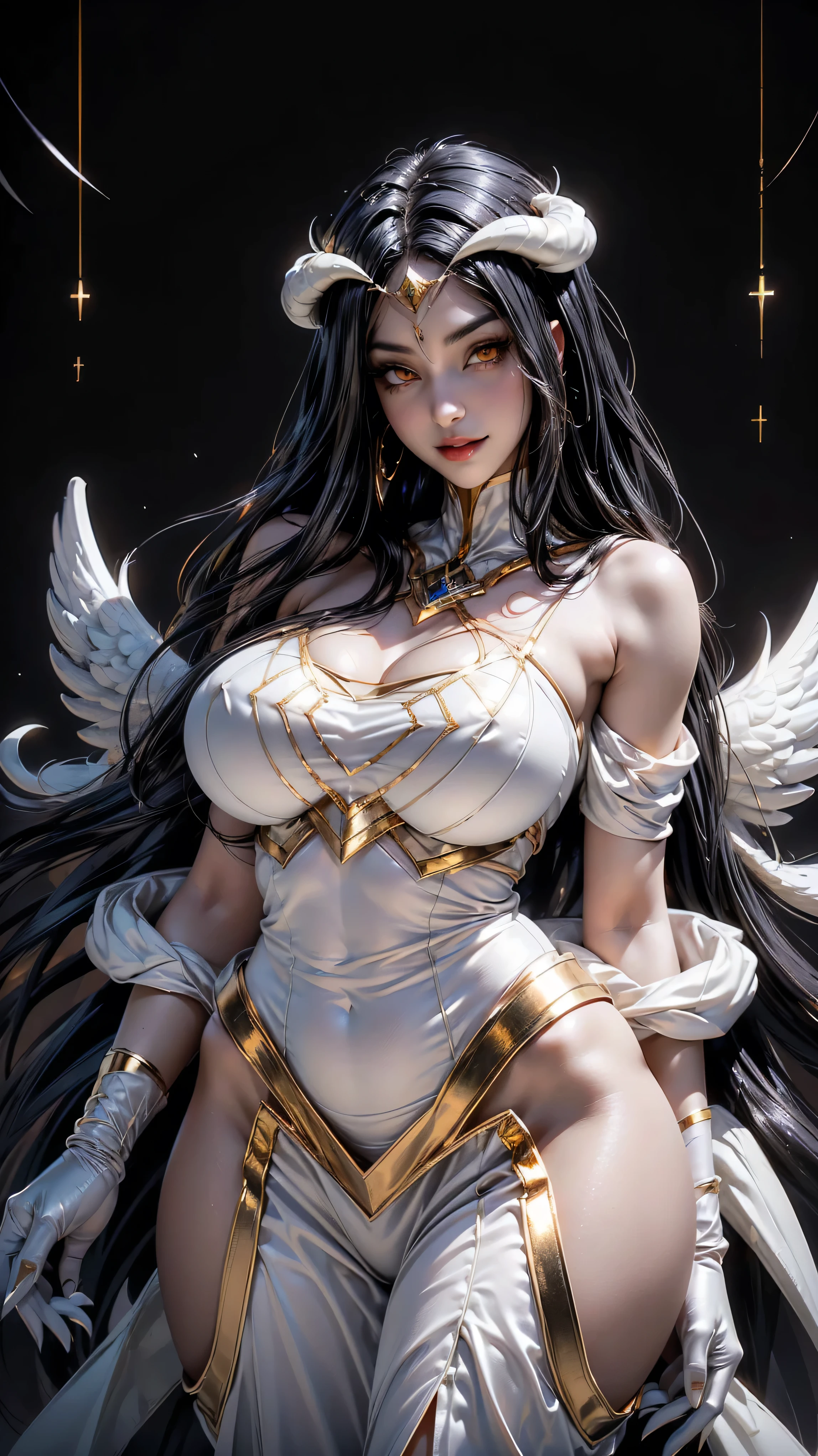 A (super realistic) beautiful sexy woman(albedo _overlord) with (glossy orange eyes(perfect sharpness & detailing) and white attire(detailed with perfect sharpness ) with gold jewellery on sexy breast, beautiful  breast(perfect shape and size), black long beautiful hair, hyper detailed black wings (every thing with best detailing), best pose while standing straight with seducing smile on face in middle.