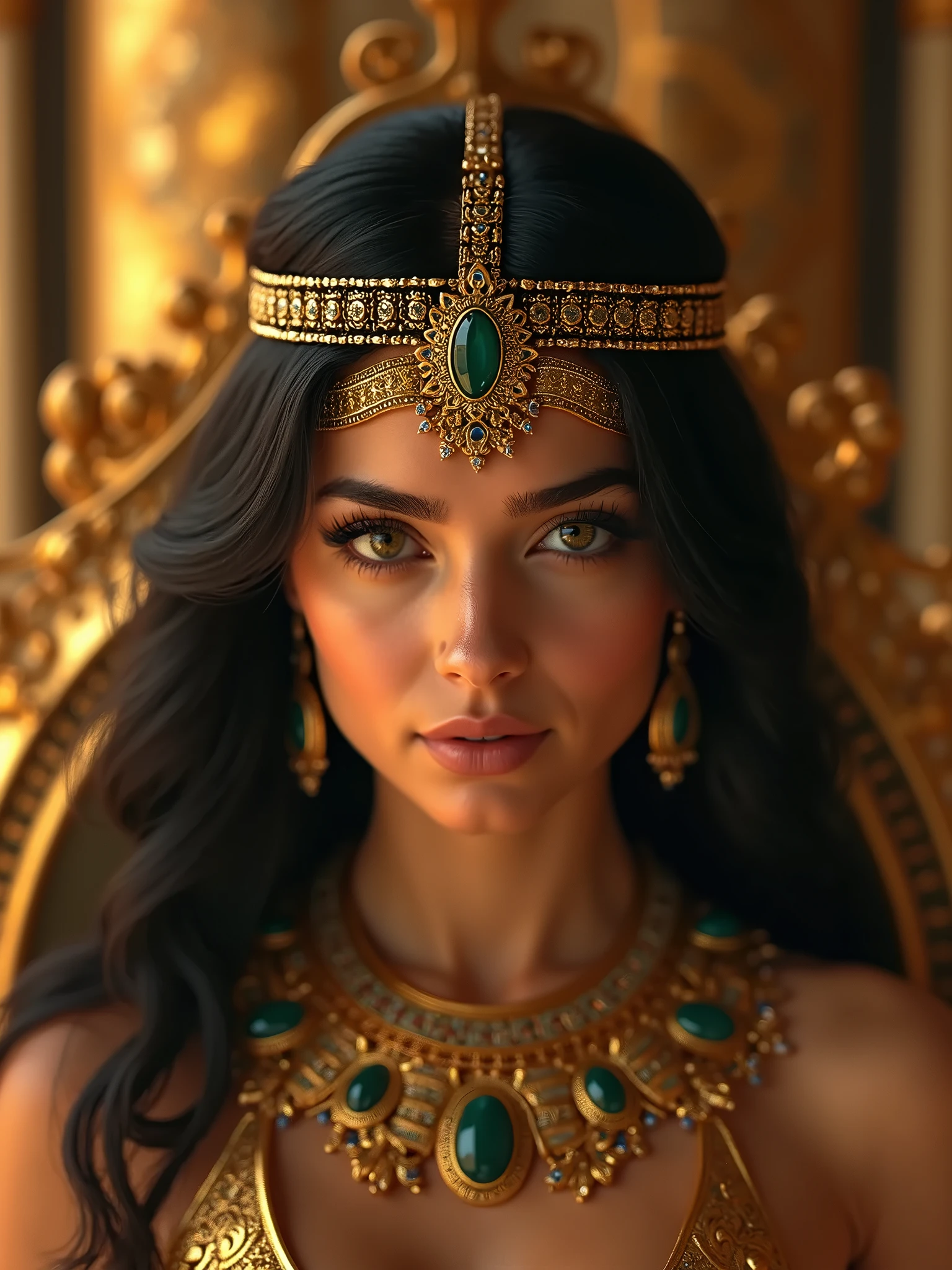 (princess of Egypt,intricate details,intricate gold jewelry,athletic and fit body,perfect hands,detailed hands,perfect eyes,detailed eyes,flirty,sexy,realistic,HDR,UHD,dynamic,portrait,photorealistic,rich and vibrant colors,soft lighting)